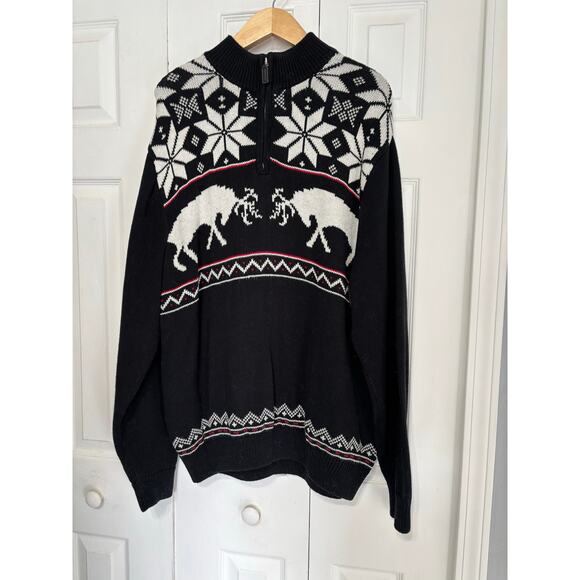 Chaps Mens Pullover Sweater Black Snowflake Deer XL Nordic Fair Isle - Picture 1 of 6
